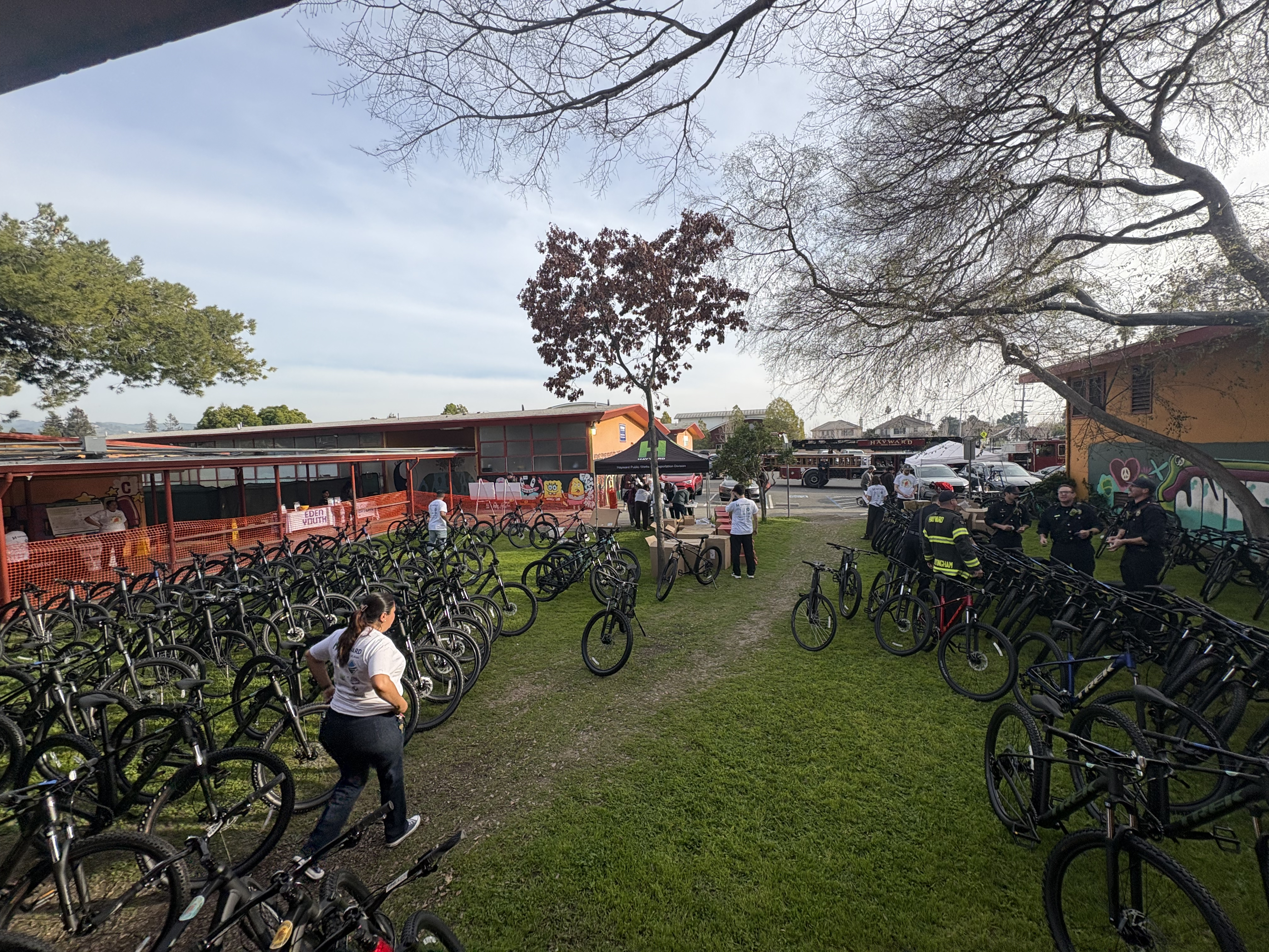 Bikes being lined up  and prepped for Bike Give Away event.